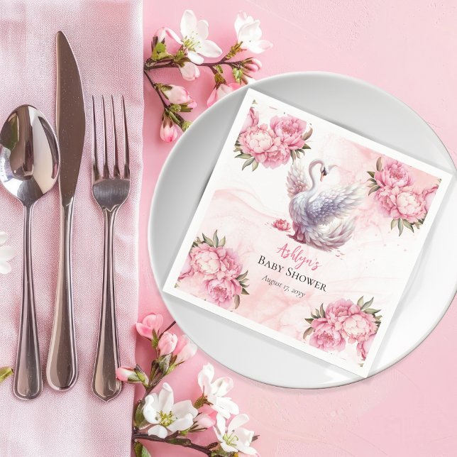 Snygg Svan Rosa Blommigt Baby Shower Pappersservett (Beautiful Swan Pink Floral Peonies Girl Baby Shower Paper Napkins)