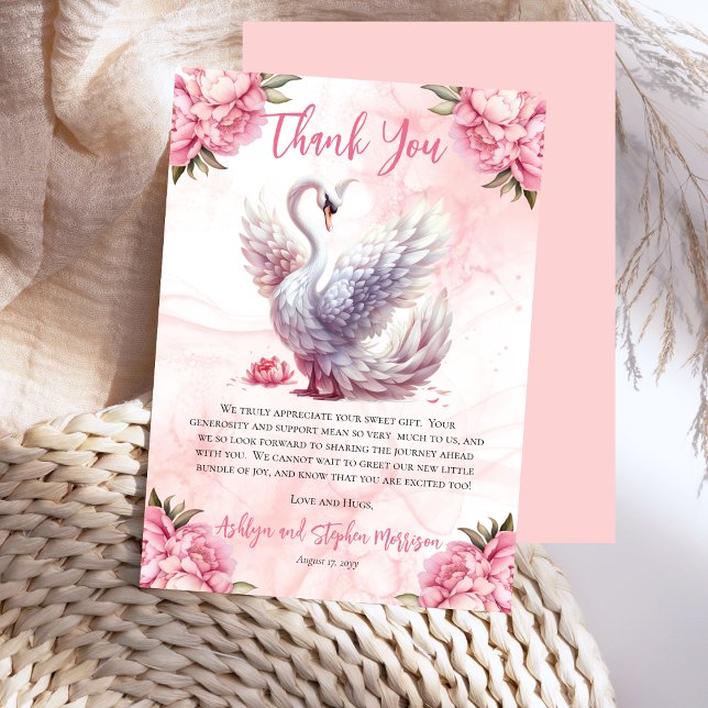 Snygg Svan Rosa Blommigt Baby Shower Tack Kort (Beautiful Swan Pink Floral Girl Baby Shower Thank you Card)