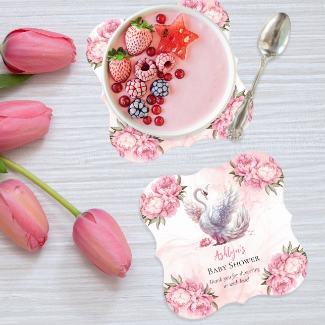 Snygg Svan Rosa Blommigt Baby Shower Underlägg Papper (Beautiful Swan Pink Floral Peonies Girl Baby Shower Coaster)