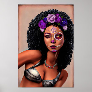 Snygg svart afrikansk kvinna Day of the dead Art Poster