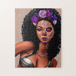 Snygg svart afrikansk kvinna Day of the dead Art Pussel