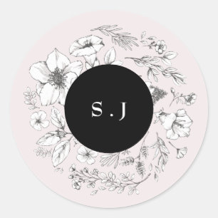 Snygg svart Blommigt, Monogram andedräkt Runt Klistermärke