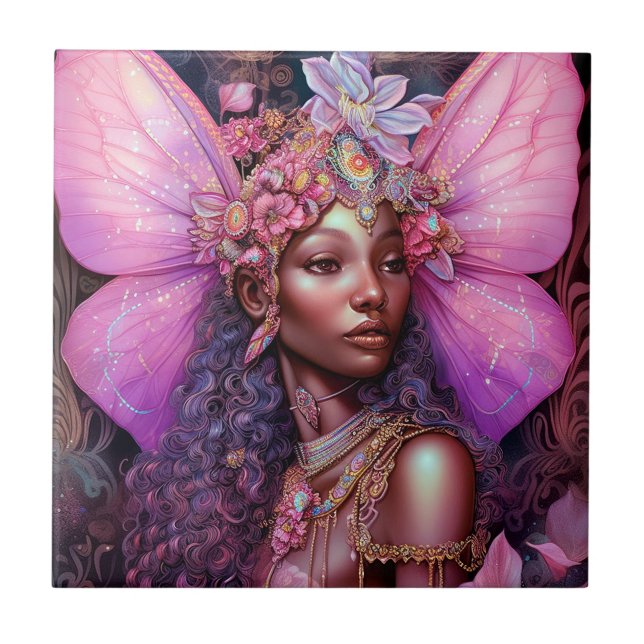 Snygg svart Fairy Girl Fantasy Art Kakelplatta (Framsidan)