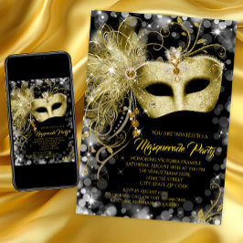 Snygg Svart Guld Glitter Maskeradfest Inbjudningar