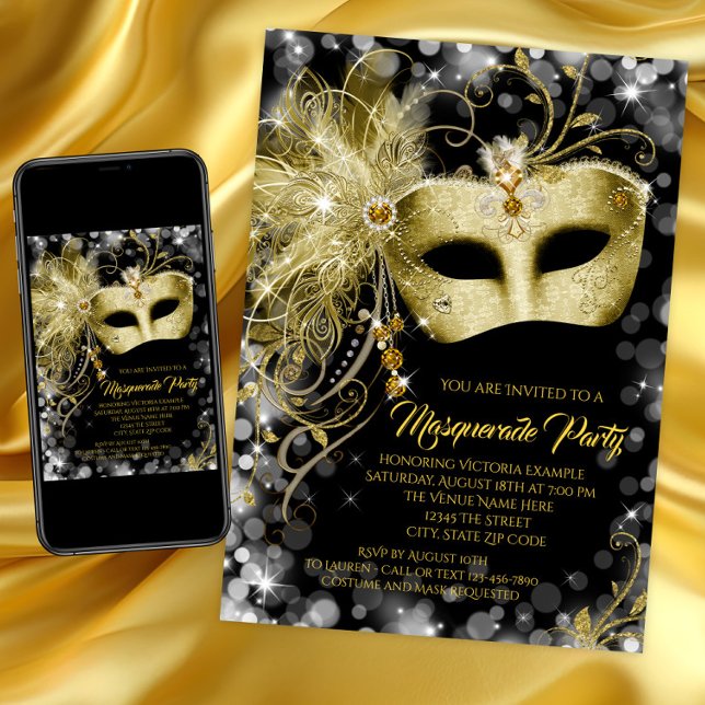 Snygg Svart Guld Glitter Maskeradfest Inbjudningar (Elegant black and gold masquerade party invitation with gold jewel mask. Instant download and print.)