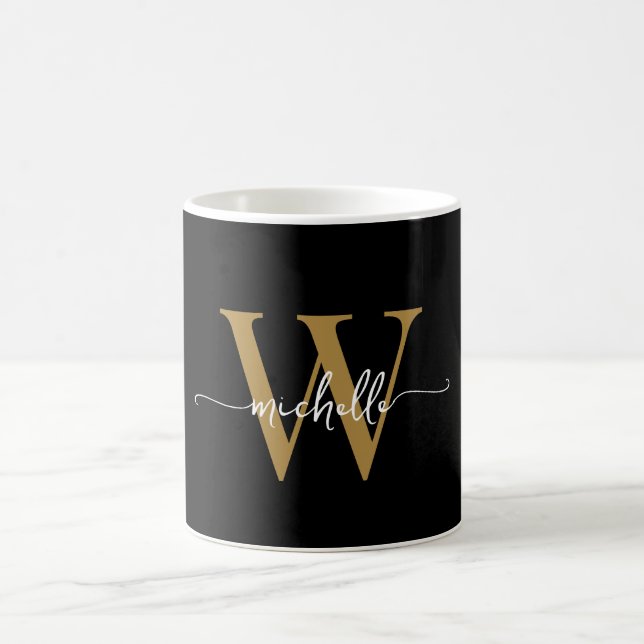 Snygg svart guld monogram namn script signatur kaffemugg (Center)