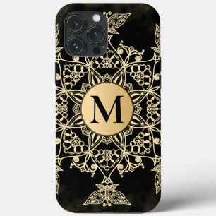 Snygg svart guldmonogram mandala tjejig