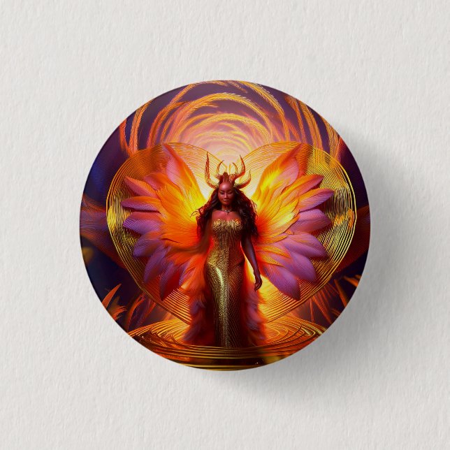 Snygg svart kvinna Guld Dress Heart-bakgrund Knapp (Framsida)