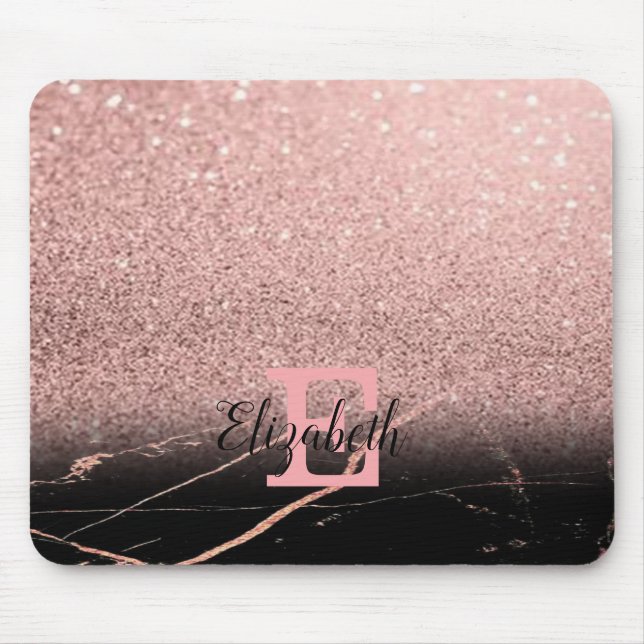 Snygg svart marmor, glitter, personlig monogram musmatta (Framsidan)
