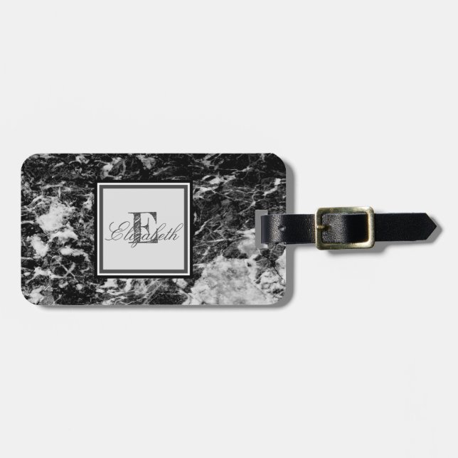 Snygg svart marmorerad textur, personlig monogramm bagagebricka (Horisontell Framsida)