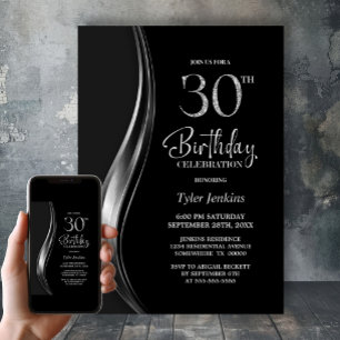 Snygg svart och silver 30-års födelsedagsfest inbjudningar