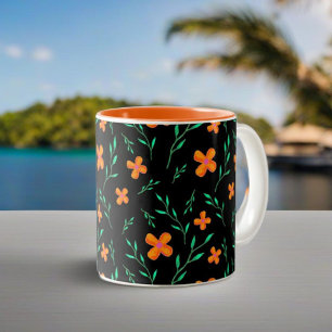 Snygg svart orange akvarell blommönster Två-Tonad mugg