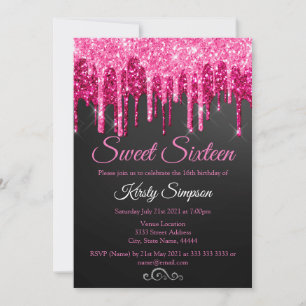 Snygg svart rosa glitter söt sexton födelsedagsfes inbjudningar