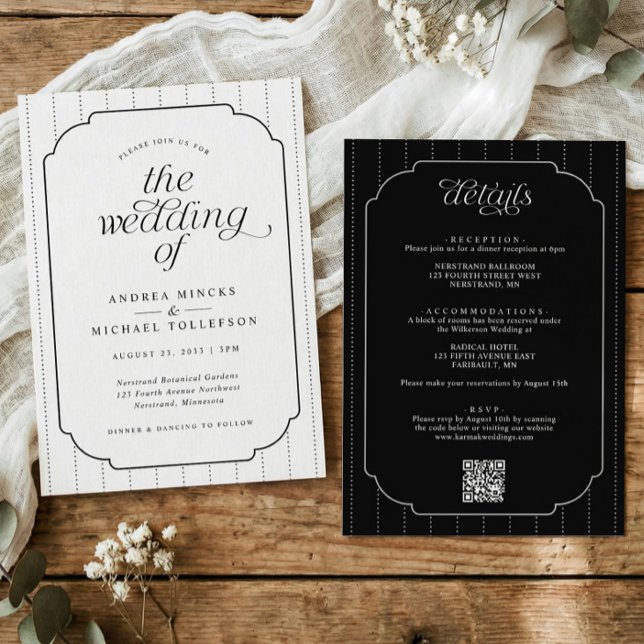 Snygg svart-vit randig allt-i-ett bröllopsinbjudan inbjudningar (Elegant stripes wedding invitation with scalloped frame, calligraphy, and wedding website QR code.)