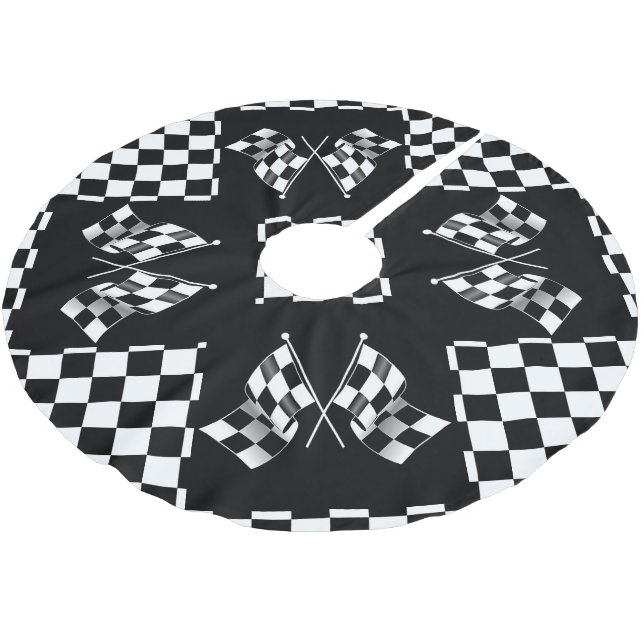 Snygg svart-vit rutig flaggmönster julgransmatta borstad polyester (Vinklad)