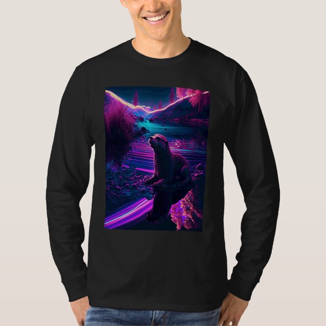 Snygg Synthwave Havsutter Vandrande Utter T Shirt (Framsida)