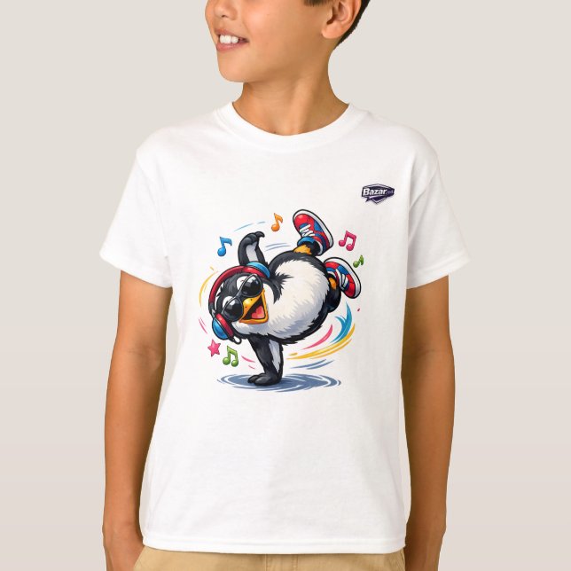 Snygg T-shirt med breakdancingpingvin för barn (Framsida)