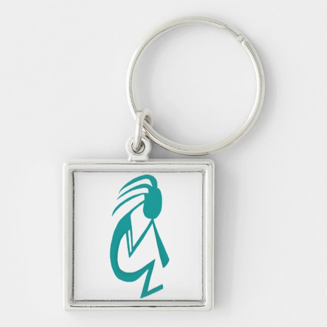 Snygg Teal Kokopelli Painting Fyrkantig Silverfärgad Nyckelring (Framsidan)