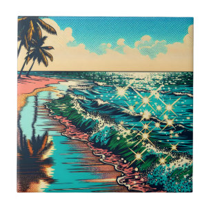 Snygg Tecknad Pap Art Stil Beach Scene Kakelplatta