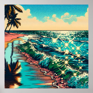 Snygg Tecknad Pap Art Stil Beach Scene Poster