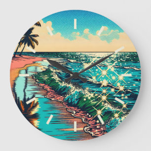 Snygg Tecknad Pap Art Stil Beach Scene Stor Klocka