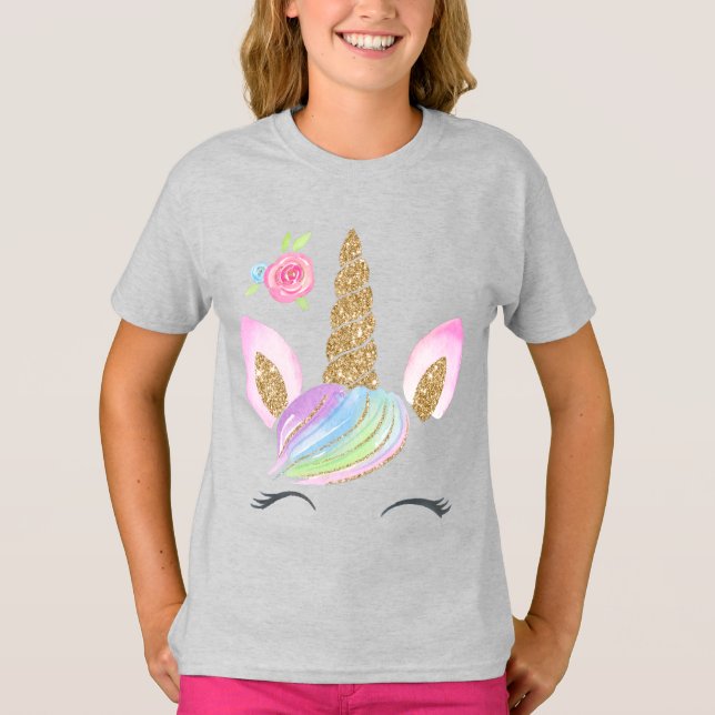 Snygg Tecknad Unicorn med Rainbow Background T Shirt (Framsida)