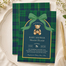 Snygg Teddybjörn Gingham Plaid Baby Shower-inbjuda