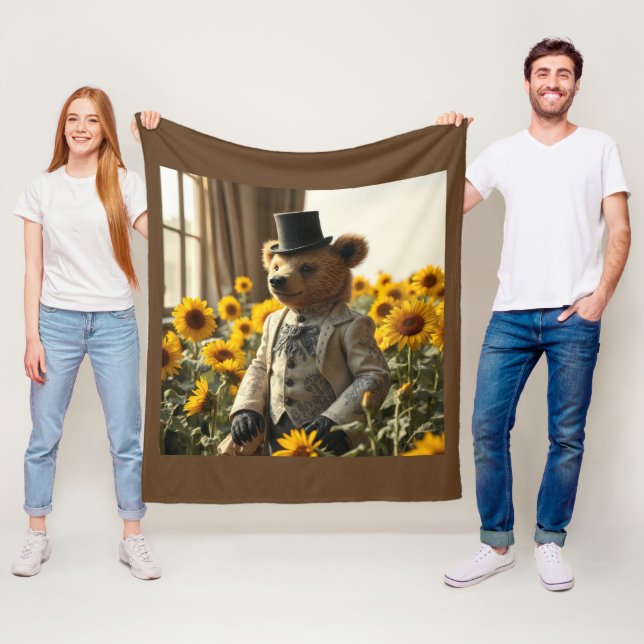 Snygg teddybjörn i solrosor fleecefilt (På plats)