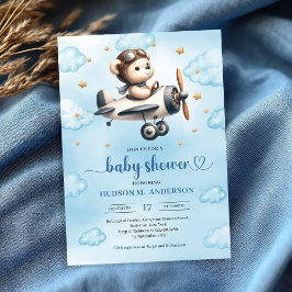 Snygg Teddybjörn Pilot Blå Guld Bebis Shower Inbjudningar