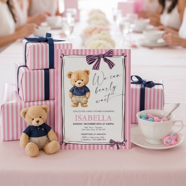 Snygg teddybjörn rosa baby shower  inbjudningar (Skapare uppladdad)