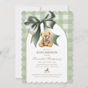 Snygg teddybjörn Sagegrön Plaid Baby Shower-inbjud Inbjudningar
