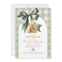 Snygg teddybjörn Sagegrön Plaid Baby Shower-inbjud