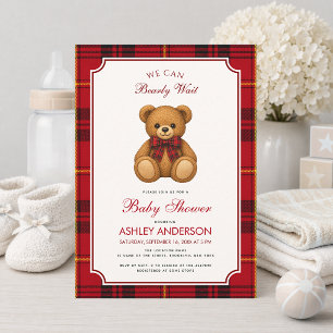 Snygg teddybjörn tjej baby shower röd svart rutig inbjudningar