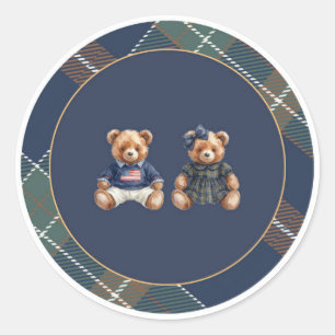 Snygg teddybjörndekal Navy Plaid Runt Klistermärke