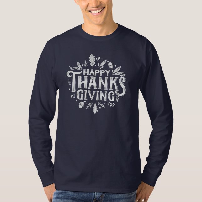 Snygg text Happy thanksgiving med Löv höst T Shirt (Framsida)