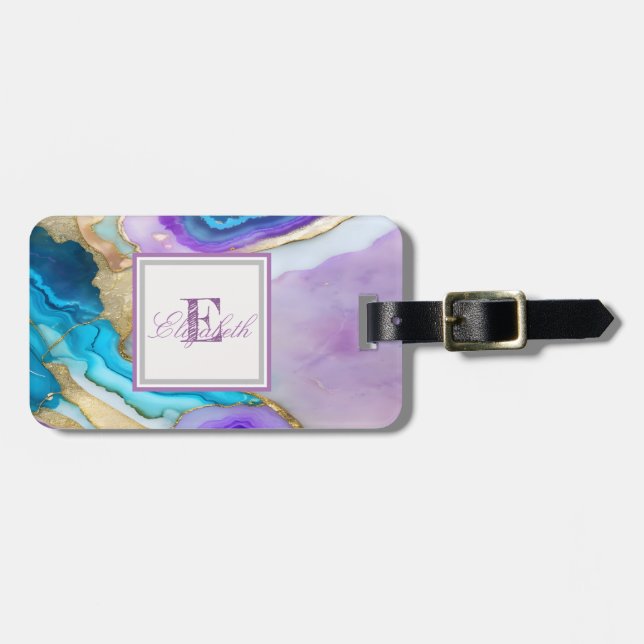 Snygg textur i violett blå marmor, monogram bagagebricka (Horisontell Framsida)