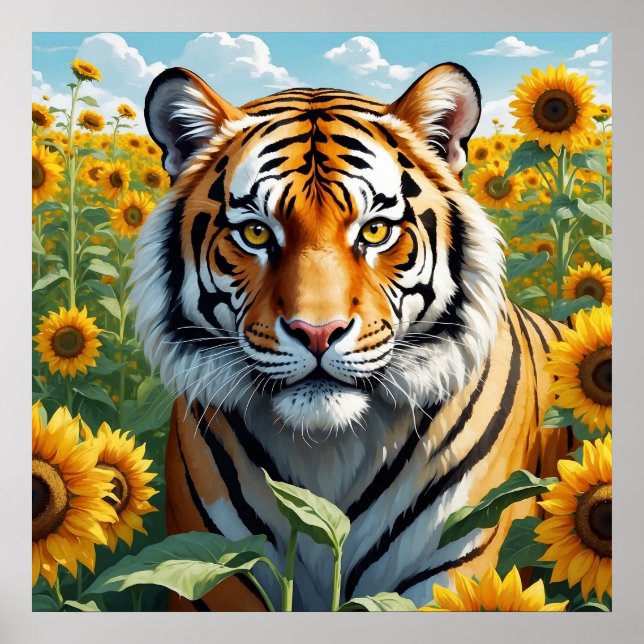 Snygg tiger i Solros Fält Blommigt Poster (Framsidan)
