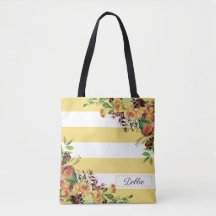 Snygg Toteväska Med Gula Blommor Och Ränder