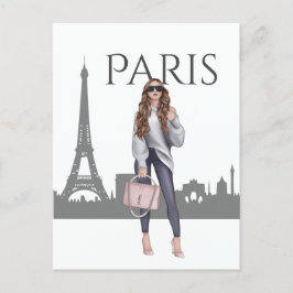 Snygg Trendig Girl i Paris med Eiffel Torn Vykort