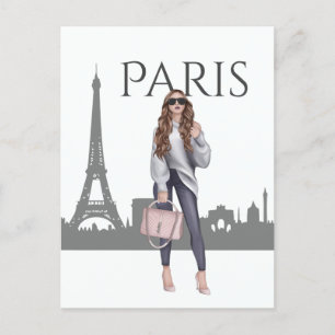 Snygg Trendig Girl i Paris med Eiffel Torn Vykort