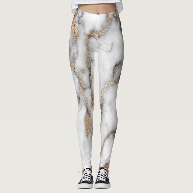 Snygg trendig vit marmor mönster i guld leggings (Framsida)