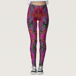 Snygg Trippy Magenta, Röd och Grön Vågig Mönster Leggings