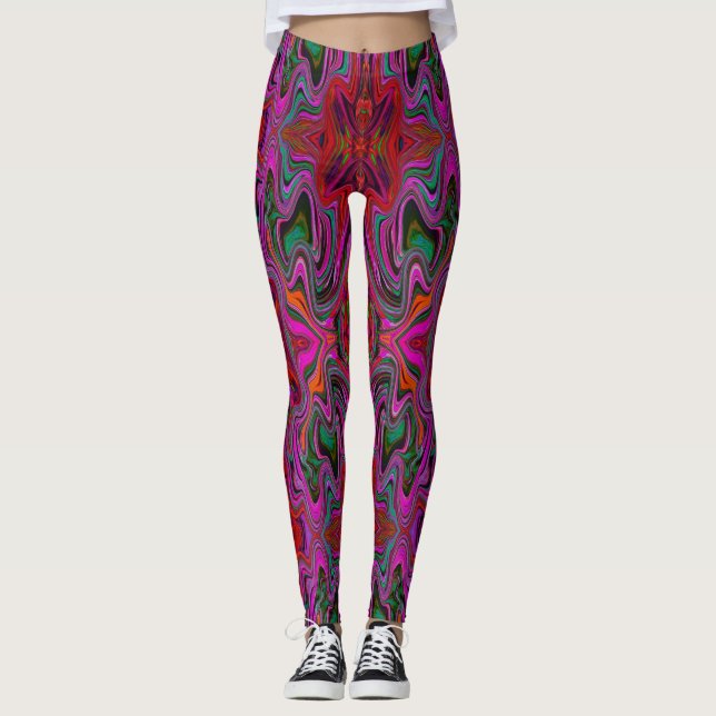 Snygg Trippy Magenta, Röd och Grön Vågig Mönster Leggings (Framsida)