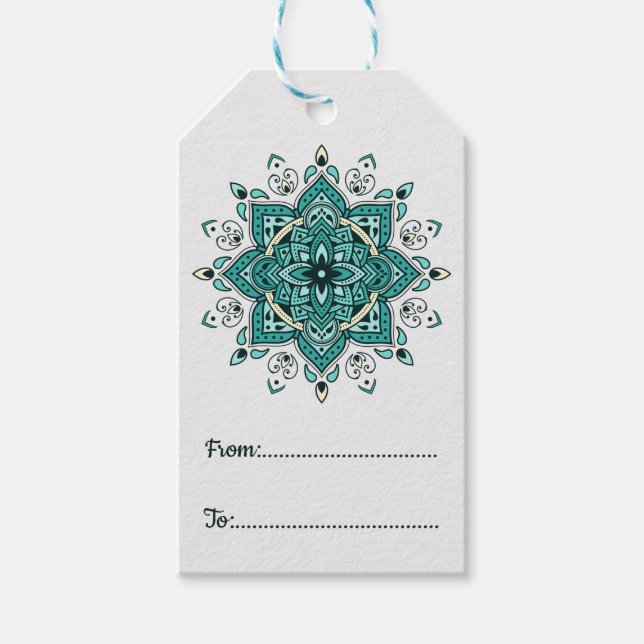 Snygg turkos, mandala-design presentetikett (Framsidan)