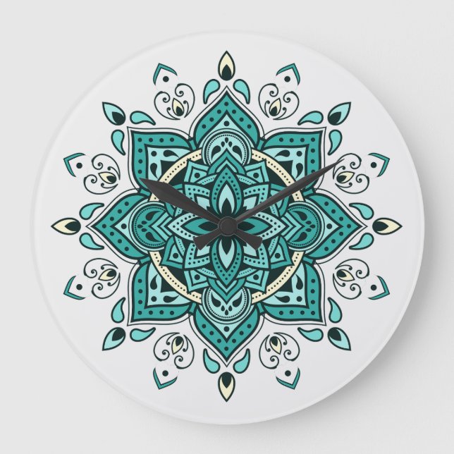 Snygg turkos, mandala-design stor klocka (Framsida)