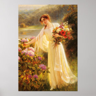 Snygg,unge dam,blommor,av Albert Lynch,Belle Poster
