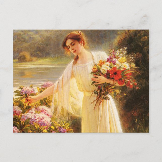 Snygg,unge dam,blommor,av Albert Lynch,Belle Vykort (Framsida)