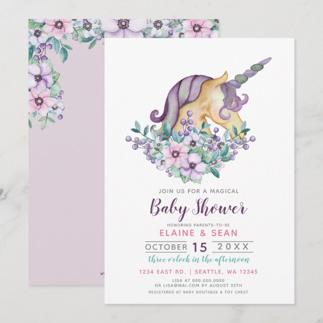 Snygg Unicorn Lila Blommigt Girls Baby Shower Inbjudningar (Fram/baksida)