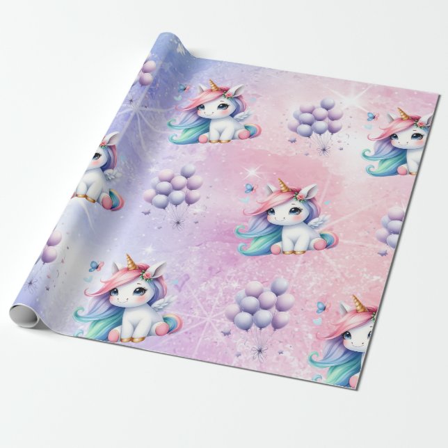Snygg Unicorn med ballonger Papper Presentpapper (Utrullad)