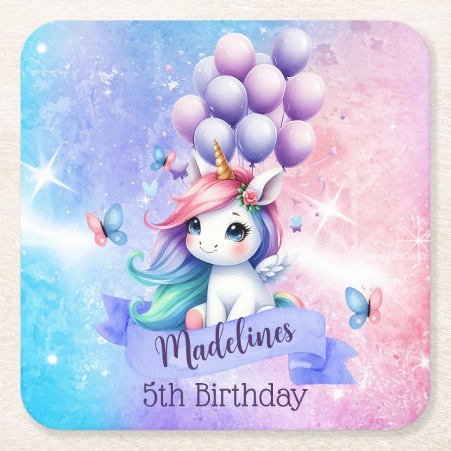 Snygg Unicorn med Balloons Pappra Underlägg Papper Kvadrat (Framsidan)